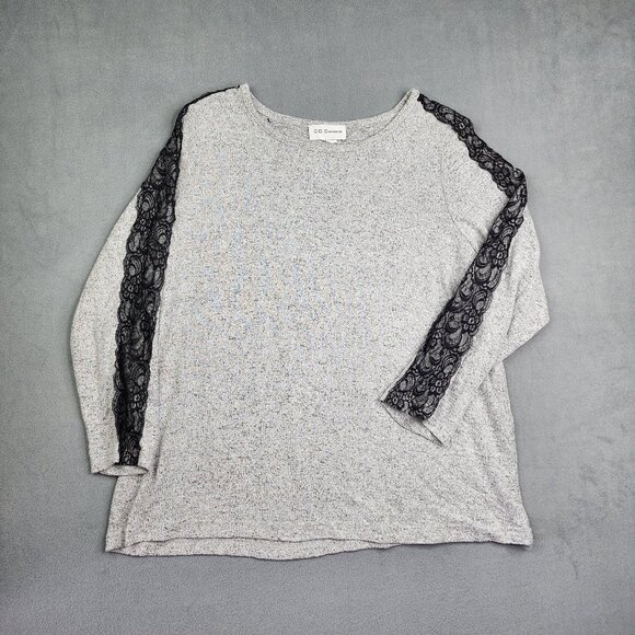 C. D. Daniels Shirt Womens 1X Gray Lace Over Sleeves Floral Design Long Sleeve - Picture 1 of 9